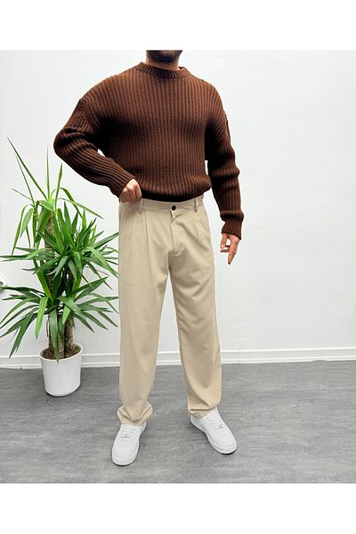 MENOFOURSWEAR Beige Pleated Baggy Fabric Trousers