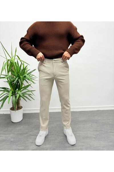 MENOFOURSWEAR Krem Premium İtalyan Kesim Gizli Düğme Detay Gabardin Kumaş Pantolon