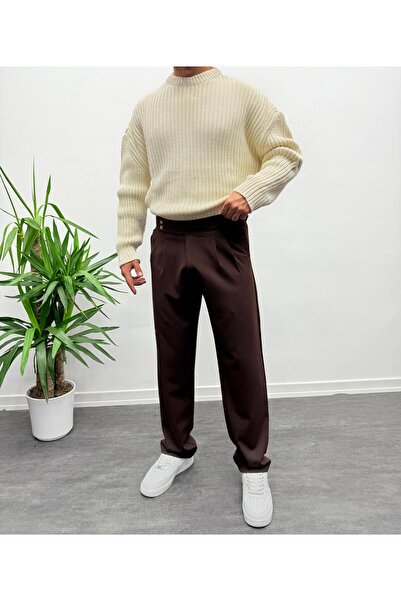 MENOFOURSWEAR Acı Kahve Çift Toka Detaylı Baggy Kumaş Pantolon