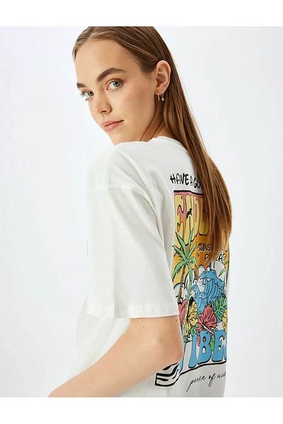Koton Crew Neck Back Printed Ecru Women's T-Shirt 5Sal10245Ik