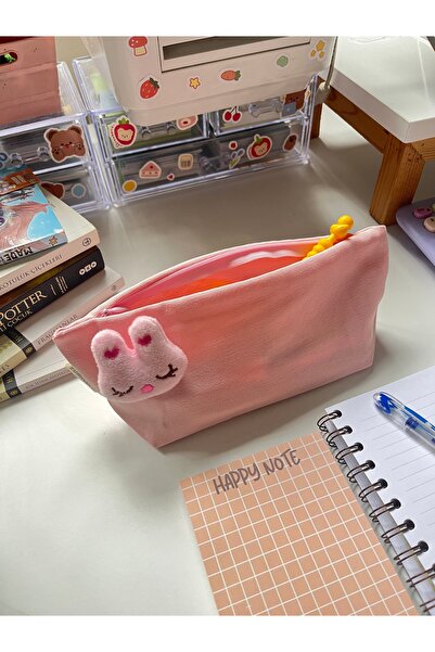 sumicorn Sevimli Tavşan Pembe Yıkanabilir Fermuarlı Tek Gözlü Bez Kalemlik Ka...