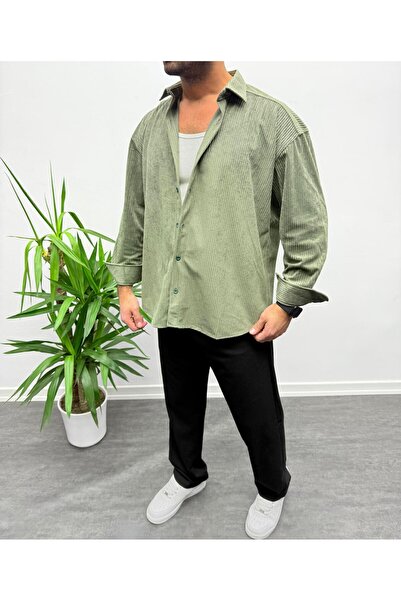 MENOFOURSWEAR Haki Kadife Oversize Gömlek