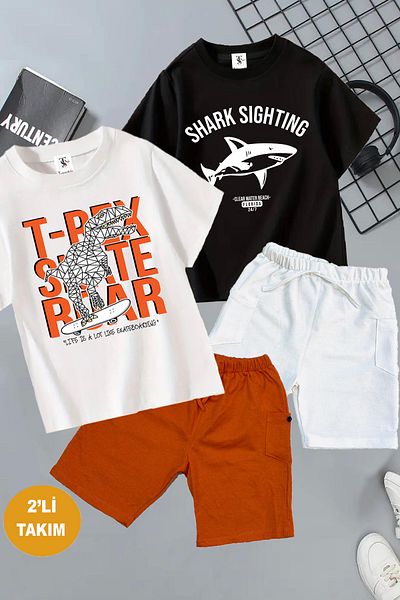 twins tailors Dinosaur and Shark Printed 2 Pcs Summer T-Shirt-Shorts Kids Set