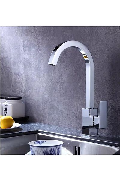 RENA DESIGN Kitchen Faucet Square Swan Solid Brass Body 360 Degree Swivel Pipe on Off Handle Hot Cold Inlet Mix