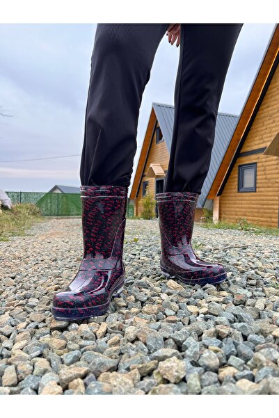 BOTMAX Kırmızı Çiçekli Kadın Yağmur Çizmesi