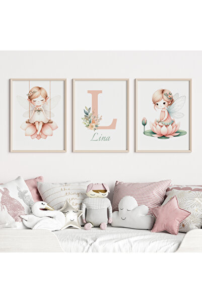 CKA Tasarım Çiçek Perisi Kız Bebek ve Çocuk Odası 3'lü Tablo İsim Seti