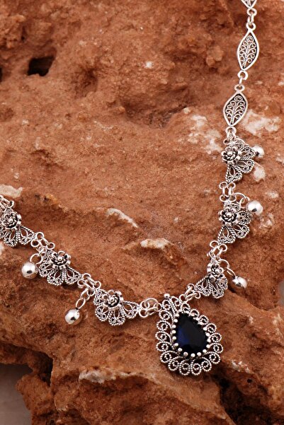 Sümer Telkari Safir Damla Telkari İşlemeli Gümüş Gerdanlık Kolye 8014