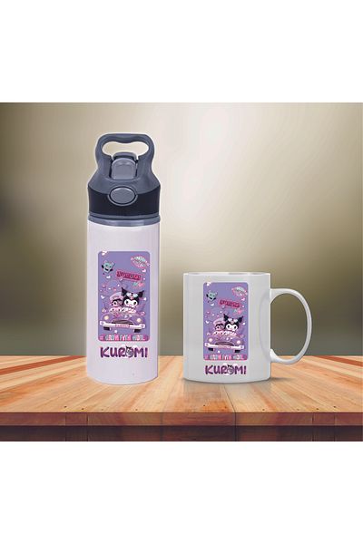 DKDZ SHOP Kuromi Printed Metal Water Bottle with Straw and Mug Cup-023