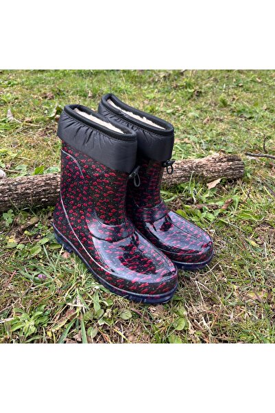 BOTMAX Kırmızı Çiçekli Içi Müflonlu Kadın Yağmur Çizmesi