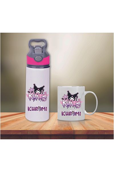 DKDZ SHOP Kuromi Printed Metal Water Bottle with Straw and Mug Glass-001