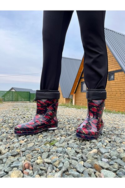 BOTMAX Kırmızı Çiçekliiçi Müflonlu Kadın Yağmur Çizmesi
