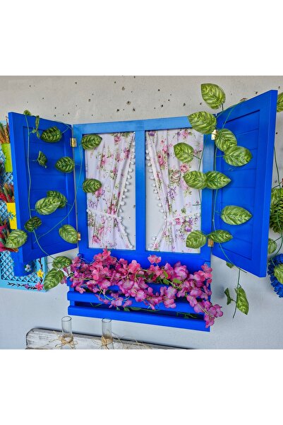 Home Mavi Ahşap Panjurlu Pencere, Bahçe Balkon Duvar Dekorasyonu, El Boyaması...