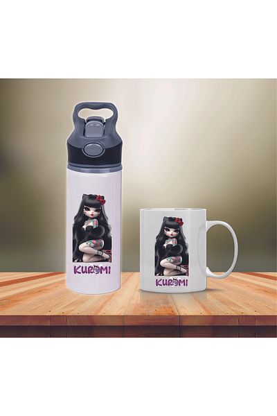 DKDZ SHOP Kuromi Printed Metal Water Bottle with Straw and Mug Cup-021