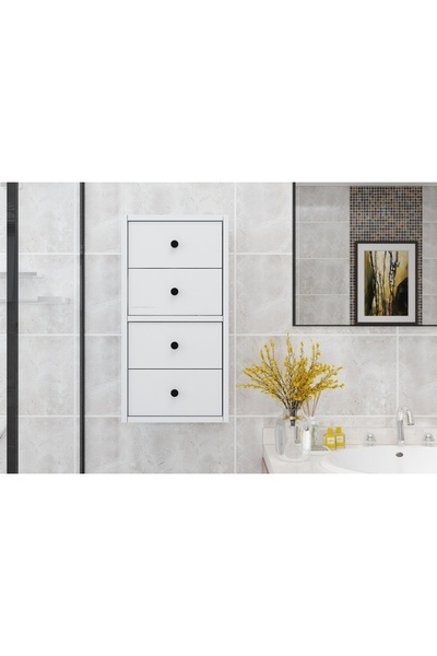 Nettrends Dört Çekmeceli Duvar Tipi Beyaz Banyo Rafı BNY-1014