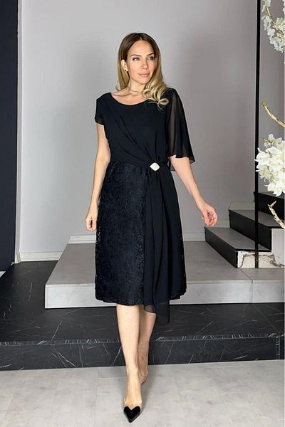 gesmoda G1293 Chiffon and Brooch Detail Lace Designer Dress Black