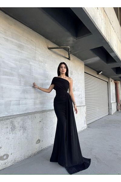 sarebutik One Shoulder Train Detail Design Evening Dress