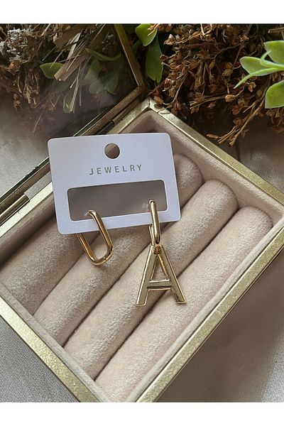AychaAksesuar Imported Vip Steel Letter a Gold Color Rectangular Earrings a Letter Earrings