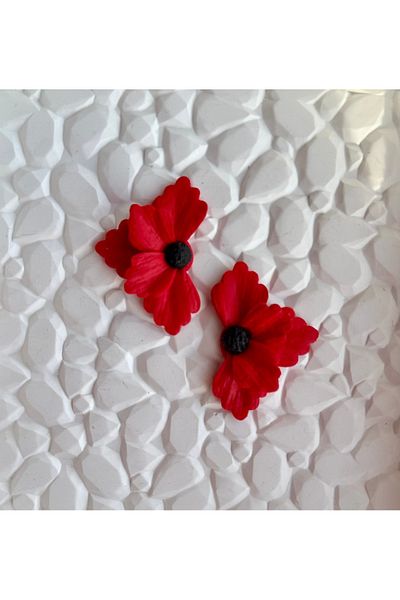 ACCESSORY Red Black Detail Polymer Clay Flower Earrings