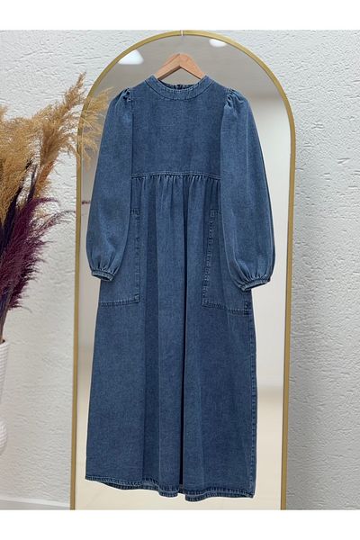 Ebrar Store Parla Denim Dress with Cargo Pockets with Tunnel Waist-He2802 Blue