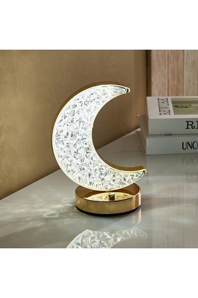 Home Box Dux Rechargeable Crescent Moon Metal Base Table Lamp with Crystal Shade and Touch Switch