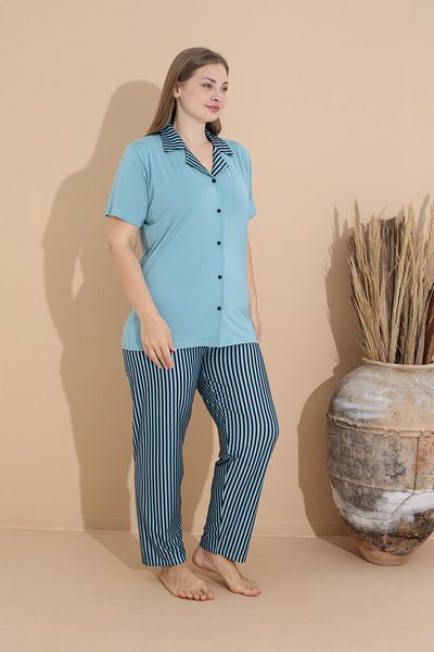 SEBOTEKS Soft Textured Milan Fabric Front Button Large Size Women's Sleepwear Suit 11270