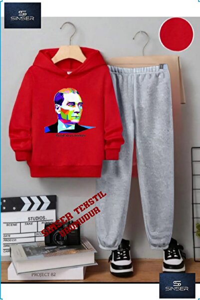SS SİNSER طقم بدلة رياضية بغطاء للرأس للأطفال مطبوع عليها "ATATURK COLORFUL G...