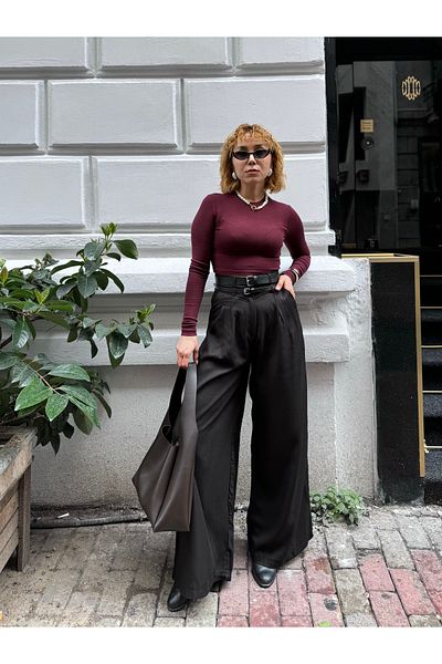 Bak'ap Premium Double Belted Ektra High Waist Wide Leg Pleated Fabric Trousers