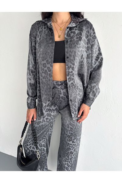 sportiness Shiny Leopard Print Flush Satin Fabric Shirt Suit