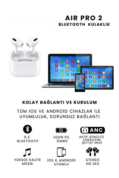 Genel Markalar Air Pro2 Anc Bluetooth Kulaklık Gürültü Engelleme & şeffaf Mod Ios Ve Android Tüm Telefonlara uyumlu