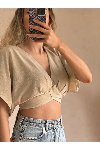 FASHION COCKTAIL Κοντό μανίκι με λαιμόκοψη V-λαιμόκοψη Μίνι κοιλιακή κομμωτική καλοκαιρινή μπλούζα
