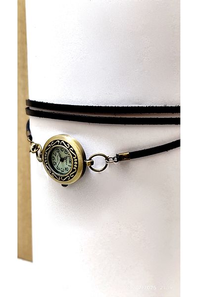LADYMİRAGE Leather Choker Necklace with Vintage Clock