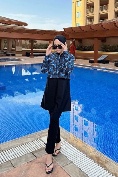 lurex moda Half Digital Printed Hijab Swimsuit