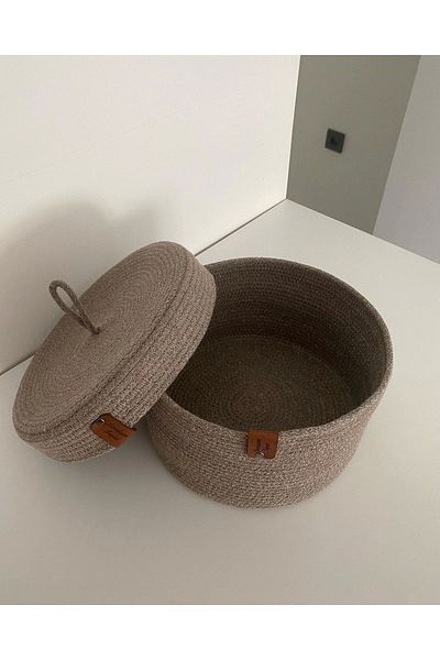 Sevdam Sepet Mink Medium Size Multi-Purpose Basket with Lid, Decorative Basket, Cotton Basket, Wicker Basket, Jute Basket