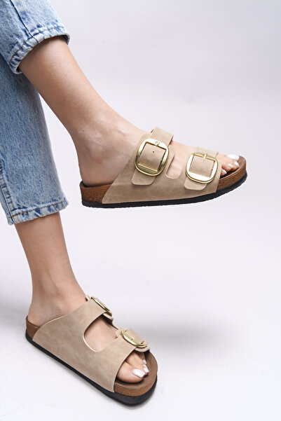 Riccon Vylsula Beige Women's Slippers - Double Buckle 0012602