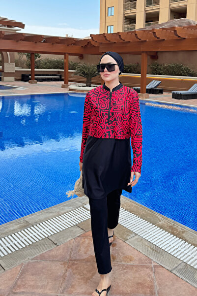 lurex moda Half Digital Printed Hijab Swimsuit