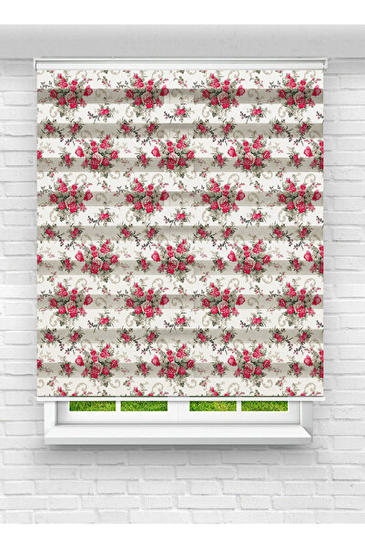 vanilyahome Mutfak Odası Kırmızı Çiçekler Desenli Baskılı Zebra Perde Stor Perde