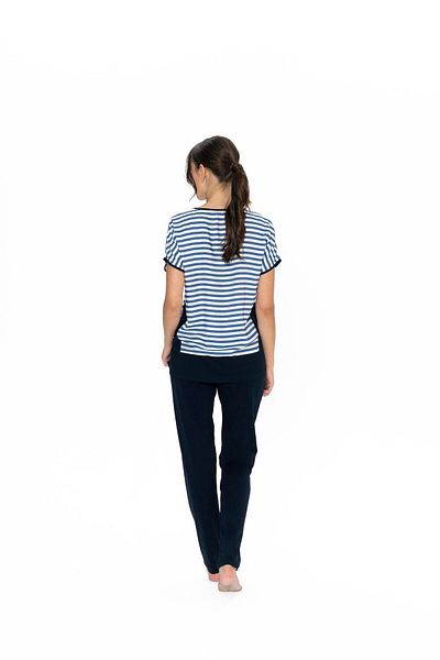 U.S. Polo Assn. Set de pijamale din bumbac, cu decolteu în V, cu mâneci scurte, cu dungi, cu buzunare, pentru femei