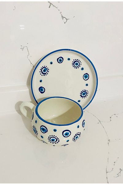 MOSHOME Special Handmade Plate Ceramic Mug with Evil Eye Beads, Tea and Coffee Cup