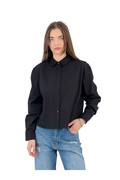 Miss Poem قميص نسائي صيفي فضفاض كبير الحجم طويل أسود سادة