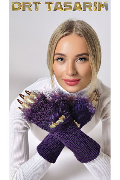 drt tasarım قفازات عصرية بدون أصابع مصنوعة من الريش الأرجواني