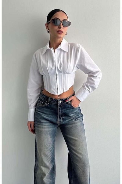 Lusin Cămașă Crop de damă albă - Fit Cut, Detaliu Corset, țesut