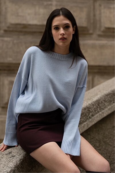 MODASPARK Mavi Bisiklet Yaka Oversize Kadın Triko Kazak