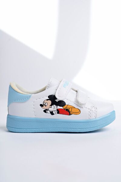 Aymer Baskılı Beyaza Mavi Garnili Bebe Ayakkabı