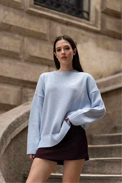 MODASPARK Mavi Bisiklet Yaka Oversize Kadın Triko Kazak