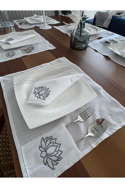 Menar Tasarım Lotus Flower Embroidered American Service Set Napkin Set 6-Person Design Dining Tablecloth Set