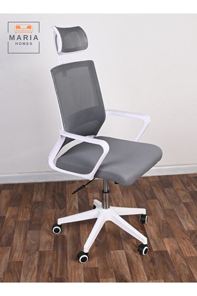 MARIA HOMES Ergonomic Mesh Office Chair with Adjustable Headrest – Grey & White – Comfortable & Durable
