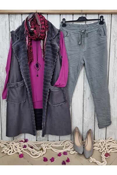 pudubutik Long Nubuck Vest with Fur Inside Anthracite