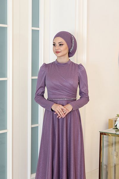 Modarafta Işıl Işıl Plus Size Shiny Fabric Stone Hijab Evening Dress
