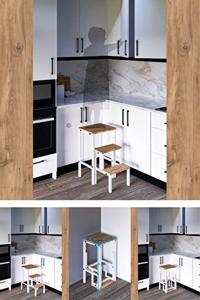 Toprak Atelier MERDİ Katlanabillir Metal Ahşap Basamaklı Tabure Merdiven Sehpa Çiçeklik Çok Amaçlı Tabure