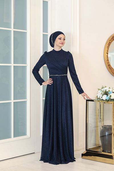 Modarafta Işıl Işıl Plus Size Shiny Fabric Stone Hijab Evening Dress